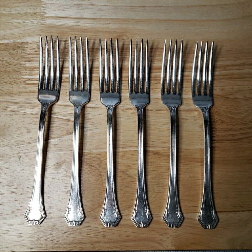 Reed & Barton Pompeian Individual 7 1/8" Fork Set of 6 Silverplate 1930 Vintage